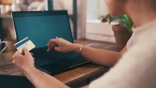Hands Using Laptop and Holding Credit Card Indoors