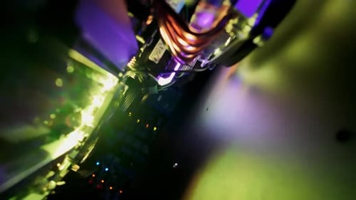 Close up of a server with flashing colourful lights in a data center