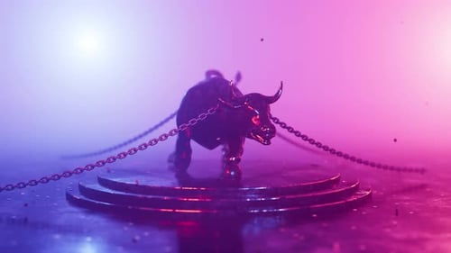 Futuristic Metallic Bull Statue with Chains in Vibrant Neon Lights