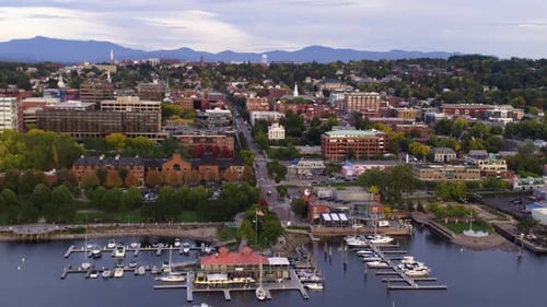 Burlington Vermont, Sunset Flying Aerial Drone Shot New England Slow Motion