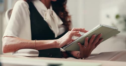 Hands, review and tablet with business woman reading information in office for company management