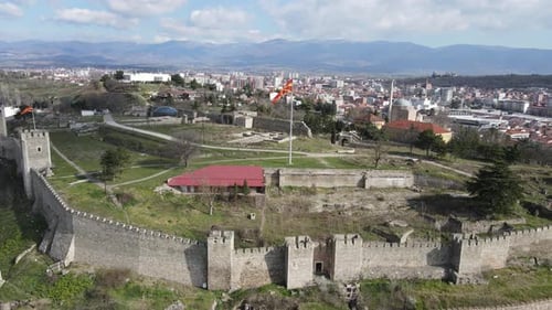 Drone view of the historical castle built in the city center of Skopje