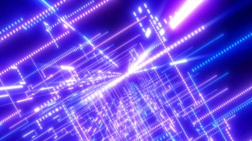 Abstract 3D tunnel of glowing purple and blue digital lines creating a futuristic grid perspective