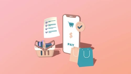 Animated Mobile Payment Online Shop. Animated Online Shopping With Mobile Payment.