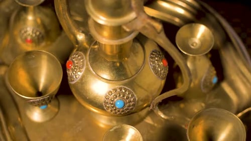 High angle view for copper wear antique set close up for display on turntable