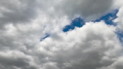Thick cumulus clouds gathering in the sky. Quick cloudscape transformation timelapse