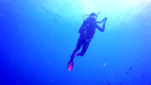 Female scuba diver swimming close to the surface (slow motion)