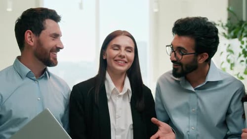 Happy Diverse Business Team Talking Indoor Office Smiling Laughing with Boss Corporate Portrait