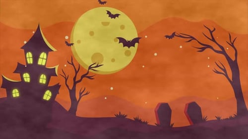 Animated Spooky Halloween Night Scene with Flying Bats