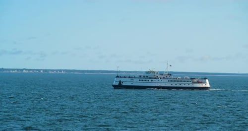 Ship On Sea, Ferry On Ocean, Along Coast, Boat Aerial Drone Slow Motion
