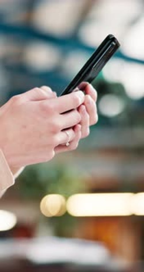 Closeup, person and hands with smartphone for typing, text message and communication with contact