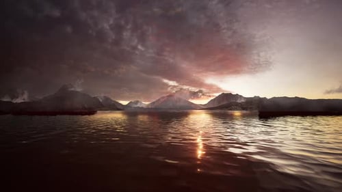 Beaux paysages de fumée du volcan avec océan, coucher de soleil