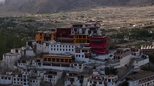 aerial drone shot, close up of thikshey monastery in ladakh.