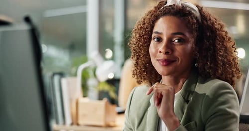 Office, face and woman with computer for article, news story and publication with smile for editing