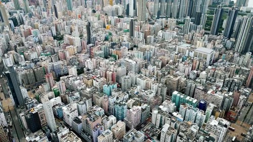 Aerial View on Urban Cityscape of Hong Kong City in China or Old Metropolis Town
