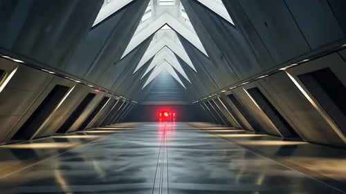 Futuristic, sleek hallway with triangular architectural features