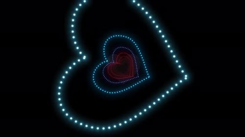 Camera Flying Through Particle Heart On Dark Background. Particle Heart Tunnel Animation Background.
