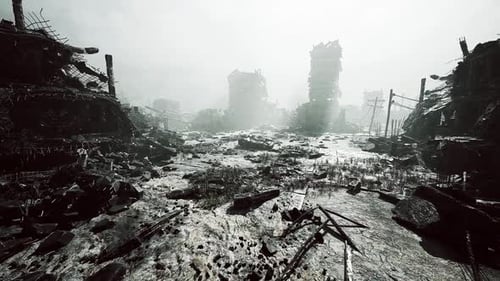 Desolate Landscape Filled with Ruins and Debris After a Catastrophic Event