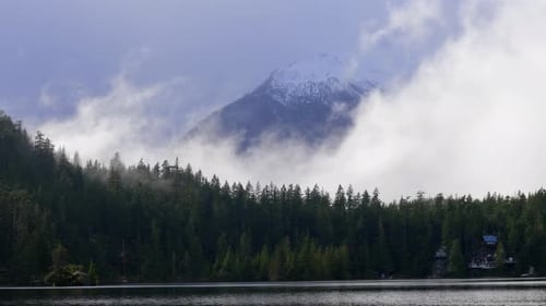 Clouds Revealing Snowy Mountain Behind Pine Tree Forest In Winter. wide