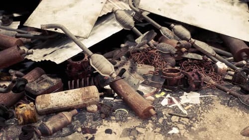 Sitio industrial abandonado lleno de piezas metálicas desechadas y escombros