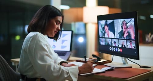 Writing, video call and business woman in office for virtual meeting, discussion