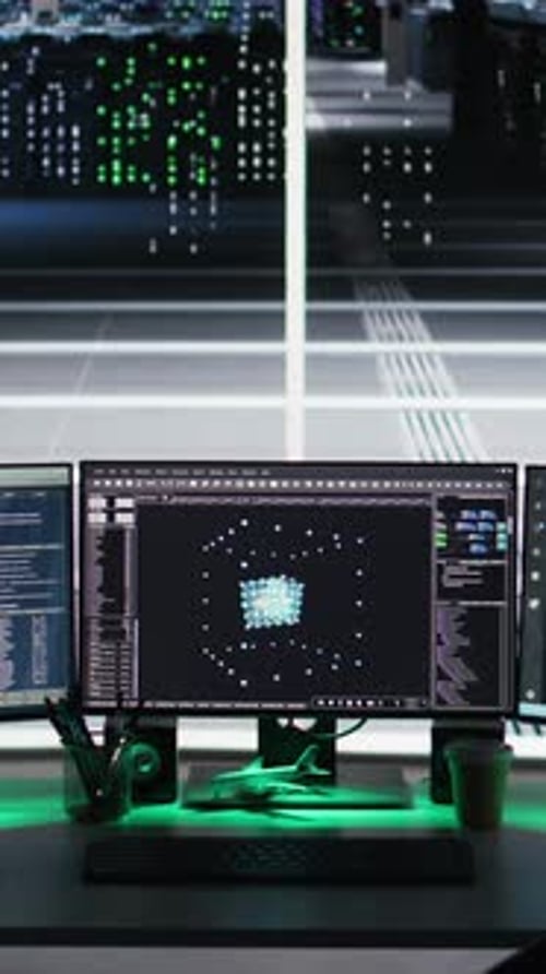 Vertikale Videomonitore im Rechenzentrum, die Knotenbaum-Schnittstellen anzeigen und den Zustand der Ausrüstung überwachen