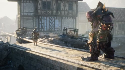 3D Fantasy: Knight Faces Monster on Medieval Bridge