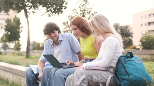 Cheerful Friends Using Netbook in College Campus