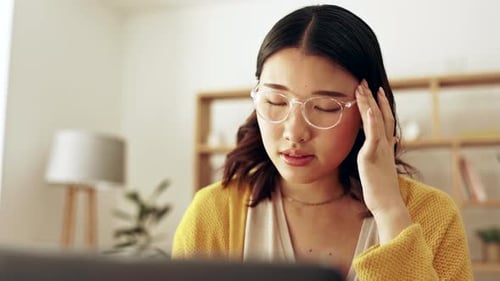 Stress, remote work and a woman with headache pain, elearning and anxiety from education
