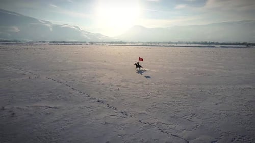 Aerial view from drone of a man running on a horse
