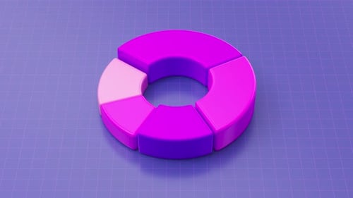 Gráfico circular de rosquillas giratorias moradas en 3D con segmentos coloridos, información gráfica financiera