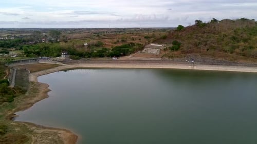 Aerial view of the natural lake between islands and hills