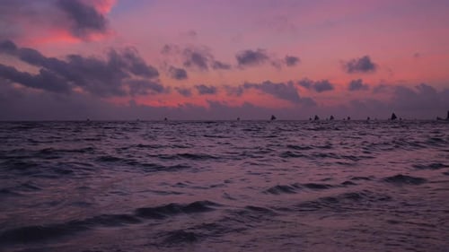 Amazing Colors of Tropical Sunset Sail Boats Silhouettes Floating on Ocean Horizon Boracay Island