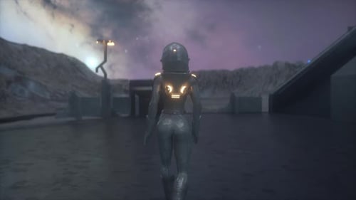 Astronaut in Research Station Colony or Scientific Base on a Distant Planet Space Mission Futuristic