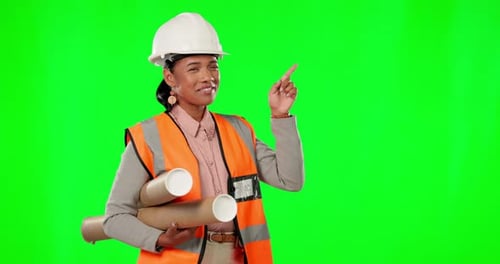 Architecture, woman pointing and green screen for construction worker mockup