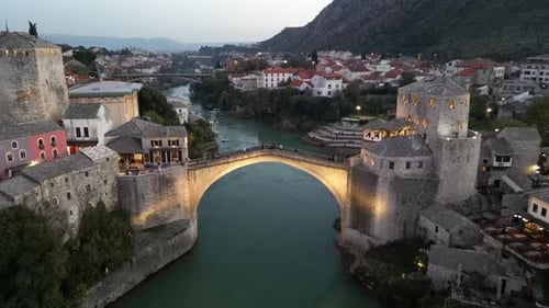 Drone view of "Stari most" iconic bridge in Mostar