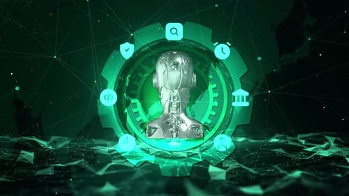 Futuristic 3D Robot Head with Corporate Icons Technology Animation