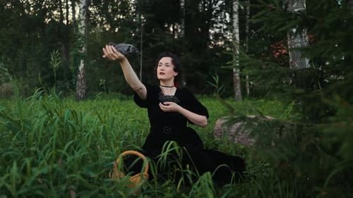 Uma mulher vestida com um elegante vestido preto está gentilmente estendendo a mão em direção a um pássaro colorido em um exuberante