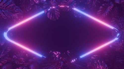 Marco abstracto de rombo de neón con hojas de selva tropical en VJ Loop