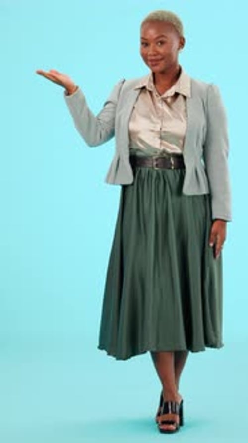 Black woman in business, face and show, product placement advertising and mockup on blue background