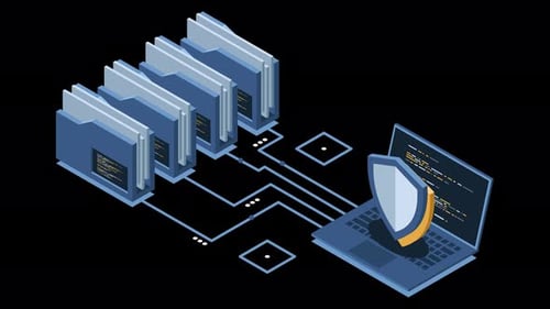 Proteção isométrica de dados com animação de pastas e laptops. Segurança de pastas. Documentos seguros