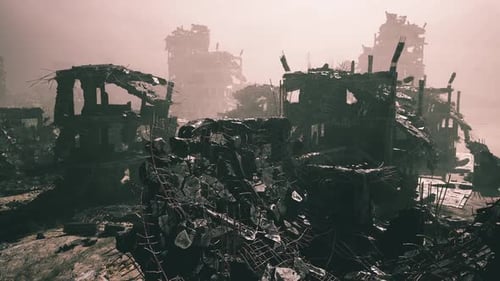 A Ruined Cityscape Filled with Crumbling Structures Twisted Metal and Debris