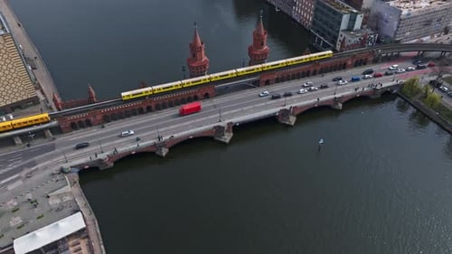 Aerial view of train crossing The Oberbaum Bridge , Berlin , Germany