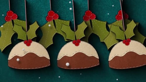 Felt Christmas Pudding and Holly Decorations with Falling Snow