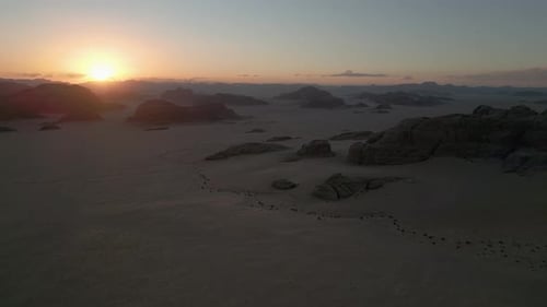 Wadi Rum valley in Jordan at sunset, aerial view