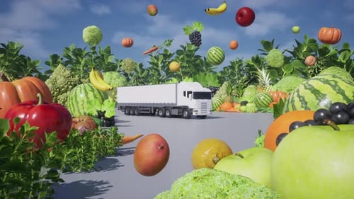 Truck Transporting Fresh Fruits and Vegetables in a Lush Farm Setting