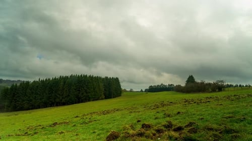 Zeitraffer von Wolken fliegen über einer leuchtend grünen Wiese in ländlicher Landschaft