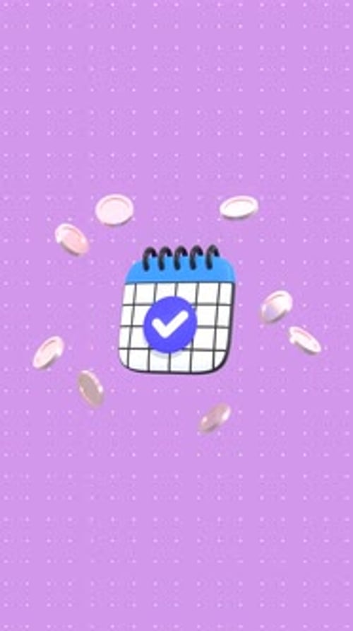 Vertical Financial Animation with Calendar, Coins, and Checkmark Symbol.