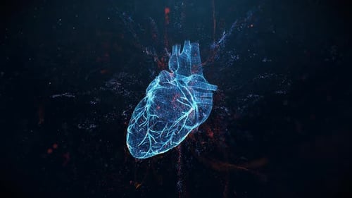 3D Hologram of Human Heart Surrounded by Energy Flows In A Futuristic Style HUD Anatomy Infographic