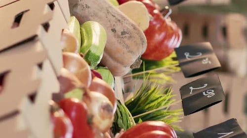 Vertical Video Organic Fresh Fruits and Veggies in Boxes on Stand